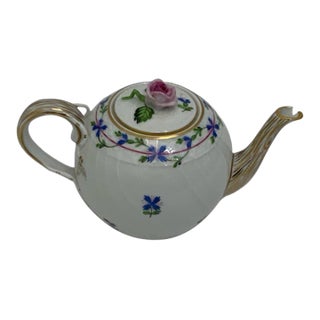 Vintage Herend Blue Garland PBG Model 1605 Small Porcelain Teapot Rose Finial Spout Chip Hungary C. 1980s For Sale