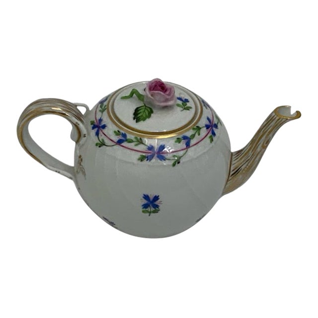 Vintage Herend Blue Garland PBG Model 1605 Small Porcelain Teapot Rose Finial Spout Chip Hungary C. 1980s For Sale
