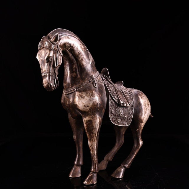 Asian Solid Copper Silvered Galloping Horse Statue (Zhaocai Ma) - Gilt Silver Bronze Horse Figurine With Ornate Saddle For Sale - Image 3 of 10