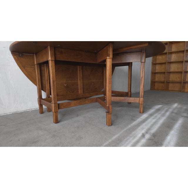 1980s 6ft Round Parquet Oak Drop Leaf Dining Table For Sale - Image 10 of 11
