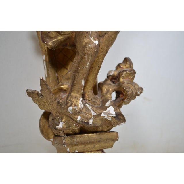 France XVIIIth Century Small Wall Bracket in Stuccoed and Gilded Wood, the Scalloped Top Supported by Zéphir For Sale - Image 11 of 13