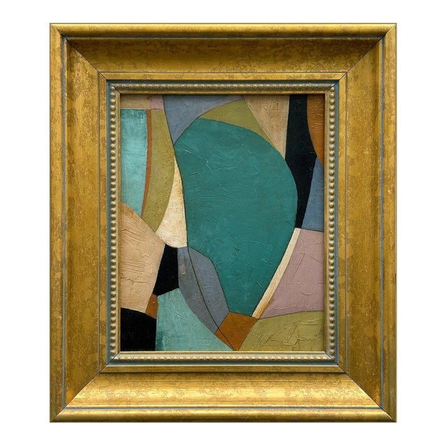 Contemporary Teal Abstract Oil Painting in Vintage Gold Frame For Sale