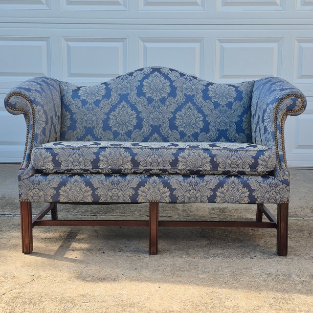 Mid-20th Century Blue Damask Camelback Settee Loveseat Petite Sofa Rolled Arms Nailhead Trim For Sale - Image 9 of 16