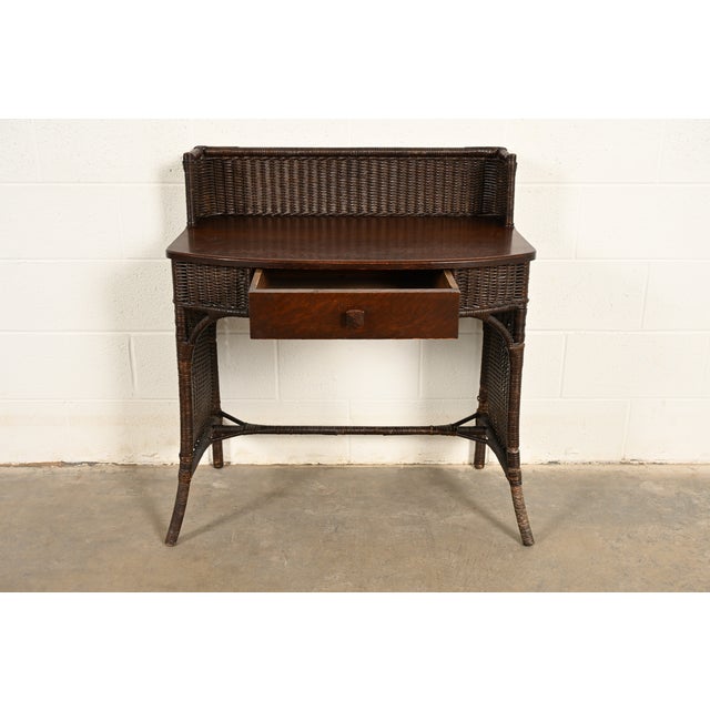 Heywood-Wakefield Antique Arts & Crafts Mission Oak & Rattan Wicker Writing Desk | Circa 1890s For Sale In South Bend - Image 6 of 15