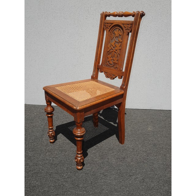 1920s Set of Four Antique Jacobean Oak Cane Dining Chairs W Carved Backrests For Sale - Image 5 of 12
