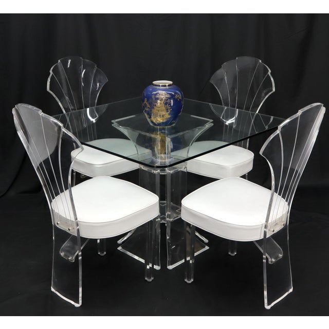 Set of 4 Lucite Dining Chairs Square Dining Table on Single Pedestal Base For Sale - Image 11 of 18