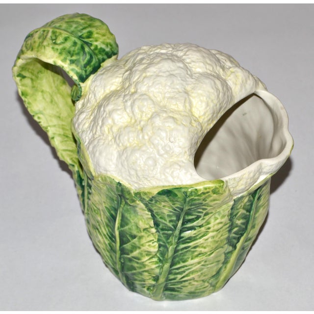 Figurative 1970s Majolica Green White Cauliflower Ceramic Pitcher Italy Mark Lord & Taylor For Sale - Image 3 of 15