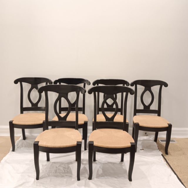 French Country Vintage French, Country Black Dining Chairs With Rush Seat - Set of 6 For Sale - Image 3 of 18