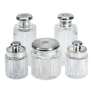 1900s Set of 5, Brilliant Collection Antique Edwardian English Sterling Silver Cut Crystal Scent Cologne Bottle Jar Set Vanity Dresser Home Decor