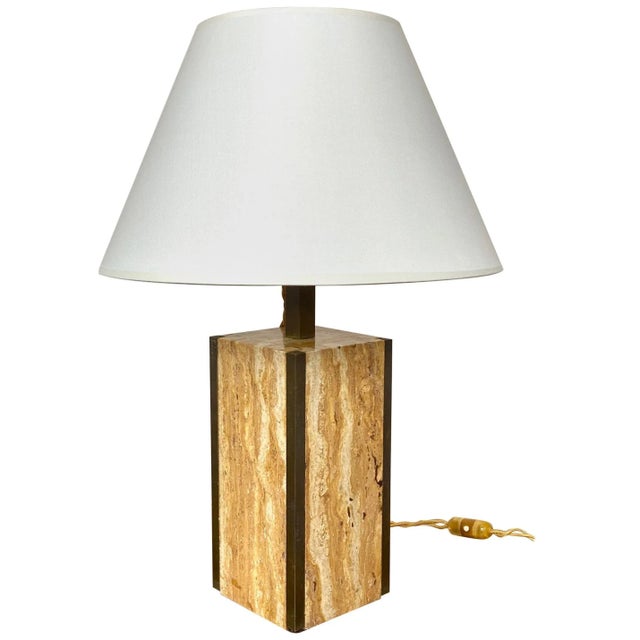 White Travertine Walnut & Brass Table Lamp, Italy, 1970s For Sale - Image 8 of 8