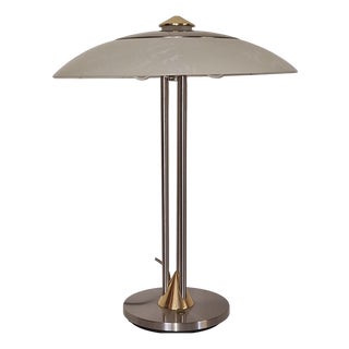 Vintage Table Lamp in Bicolor Metal, Brass and Stainless Steel with White Marbled Glass Shade from Hustadt-Leuchten, 1980s For Sale