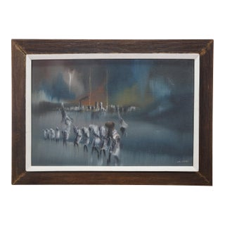 Mid 20th Century Charles Obas Rainy Haitian Village Scene Sailboats Figures Oil Painting 29" For Sale