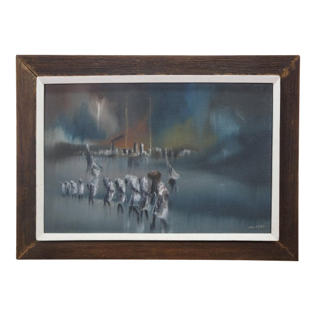 Mid 20th Century Charles Obas Rainy Haitian Village Scene Sailboats Figures Oil Painting 29" For Sale