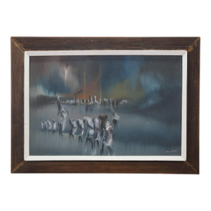 Mid 20th Century Charles Obas Rainy Haitian Village Scene Sailboats Figures Oil Painting 29"