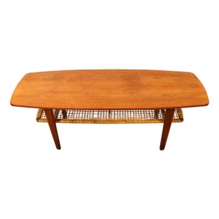 Mid Century Danish Modern Coffee Table Denmark Stamped Teak Cane Wrapped Shelf For Sale
