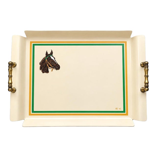 Vintage Signed Equestrian Horse Serving Tray With Brass Handles, 20.5” For Sale