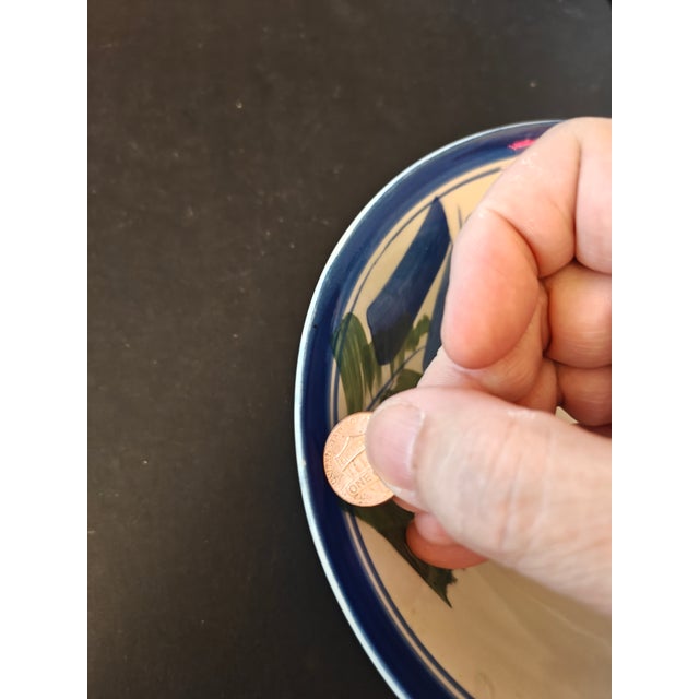 Antique Japanese Hand-Painted 7" Porcelain Bowl-Blue & Green Tropical Leaf Motif-Taisho Era (C. 1920's) For Sale - Image 4 of 5