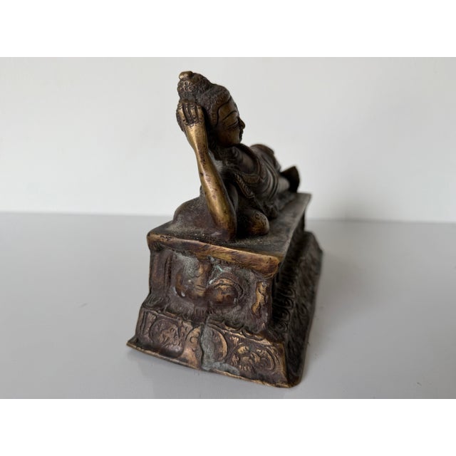 Vintage Asian Reclining Buddha Bronze Sculpture With Ornate Relief Base For Sale - Image 11 of 12