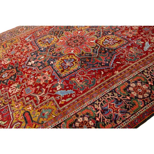 Persian Antique Heriz Handmade Persian Medallion Designed Red Wool Rug For Sale - Image 3 of 10