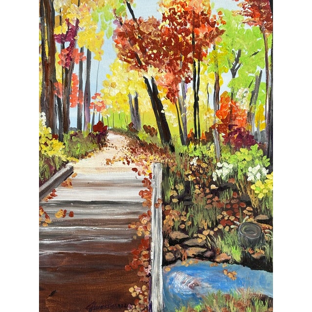 Late-20th Century Impressionist Fall Landscape, Acrylic on Canvas -- Framed For Sale - Image 9 of 12