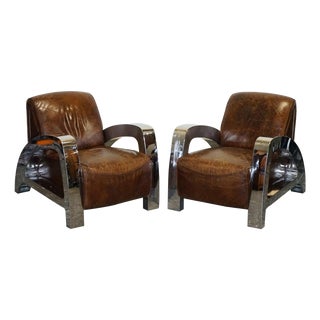 Art Deco French Chrome Aviator Heritage Brown Leather Armchairs, Set of 2 For Sale