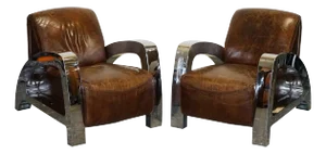 Art Deco French Chrome Aviator Heritage Brown Leather Armchairs, Set of 2