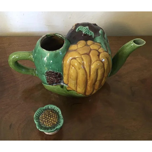 Chinese Antique 19th Century Chinese Porcelain Molded Vegetable Tea Pot in Famille Vert Glaze For Sale - Image 3 of 9