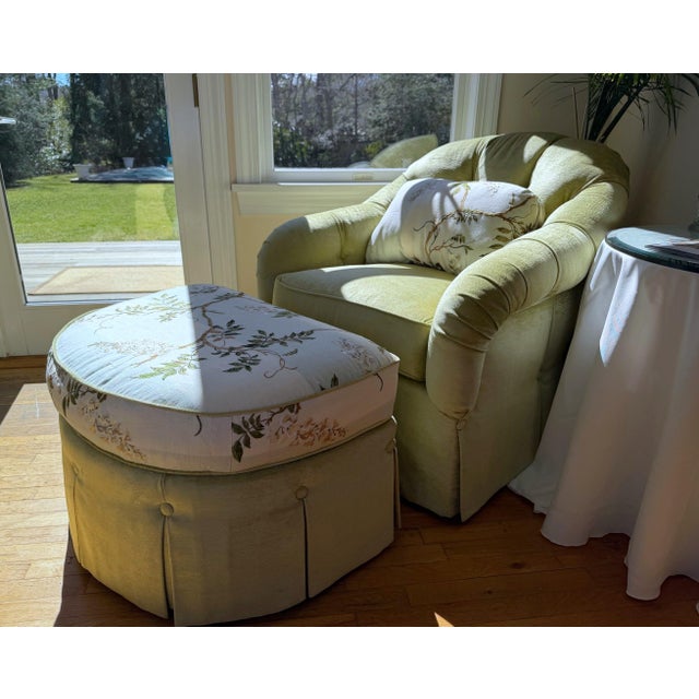 Custom Tufted Celadon Green Lounge Chair & Ottoman Set in Floral Colefax and Fowler For Sale - Image 18 of 18
