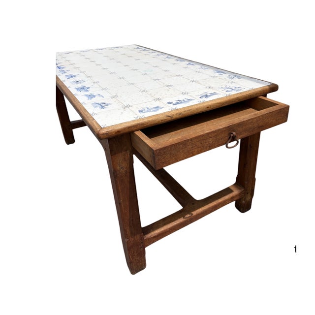 Farmhouse Early 20th Century French or Dutch Farm Style Table With Delft Tile Top and Drawers on Each End For Sale - Image 3 of 5
