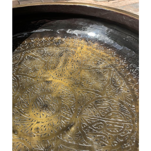 Large Brass Vintage Etched Handcrafted Indian Urli Bowl (29 Inches Long and 20lbs) For Sale - Image 11 of 14