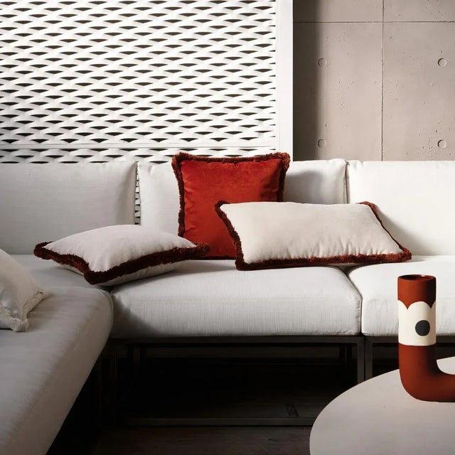 Contemporary White Velvet With Brick Fringes Rectangle Happy Pillow from Lo Decor For Sale - Image 3 of 4