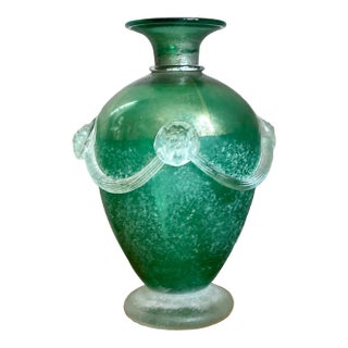 Vintage Green Art Glass Vase With Relief Faces For Sale