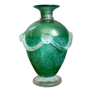Vintage Green Art Glass Vase With Relief Faces