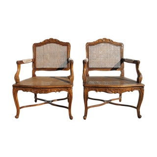 Louis XV Style French Oak Fauteuil Chairs - A Pair For Sale
