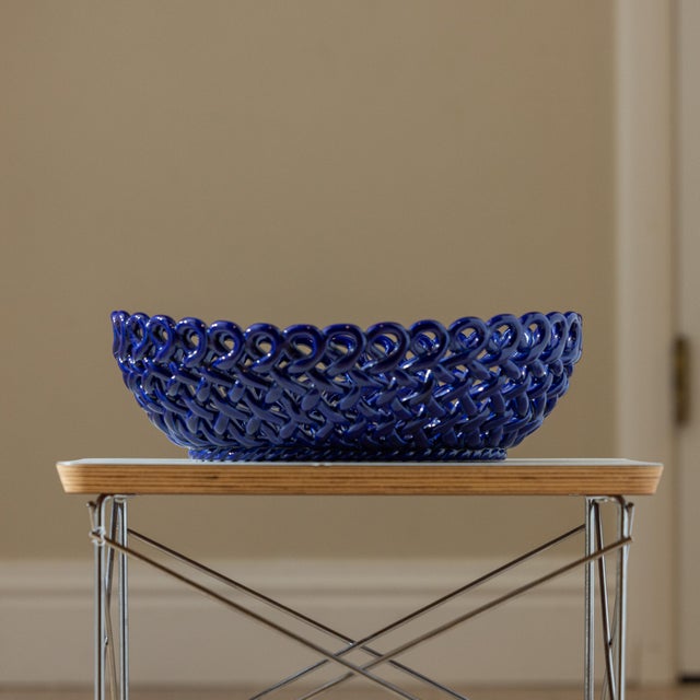 Vintage Italian Cobalt Blue Woven Ceramic Centerpiece Basket - 12.5" For Sale - Image 4 of 7
