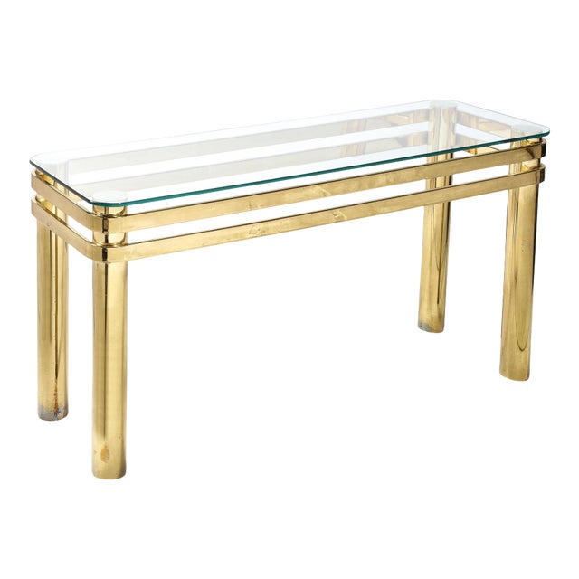 Mid-Century Modernist Banded Brass Console Table With Column Supports For Sale