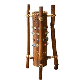 Vintage 1970s Bamboo & Rattan Sculptural Table Lamp With Glass Cabochons. For Sale