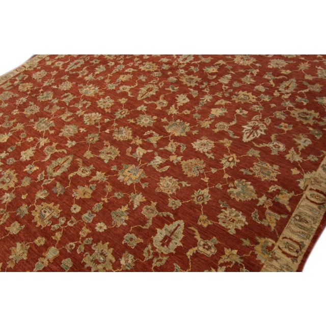 Contemporary Indian Handmade Burnt Orange Floral Wool Rug For Sale In New York - Image 6 of 10