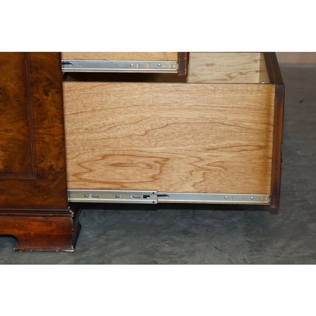 Burr Elm with Green Leather Top Four Drawer Filing Cabinet Part of Office Suite For Sale - Image 15 of 16