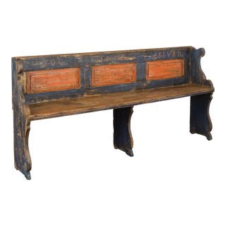 Original Blue Painted Narrow Pine Bench, Hungary Dated 1885 For Sale