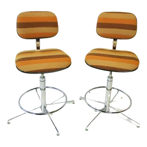 1970s Steelcase Chrome & Girard Style Fabric Adjustable Swivel Bar Stools - A Pair
