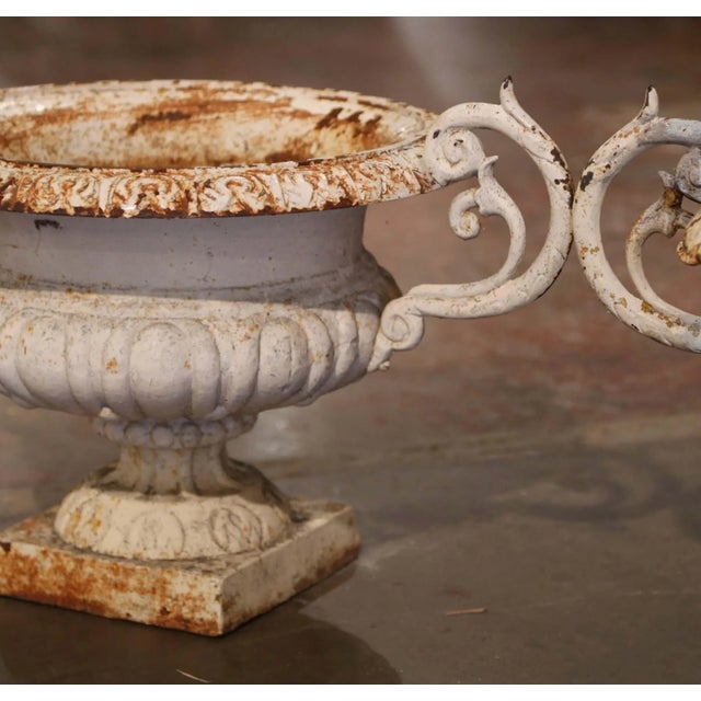 19th Century French Painted Weathered Iron Garden Urn Planters - Set of 2 For Sale - Image 4 of 9