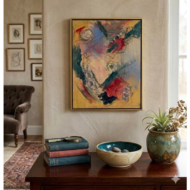 This 11” x 14” original abstract oil painting brings energy, color, and movement to any space. Layered brushwork, circular...