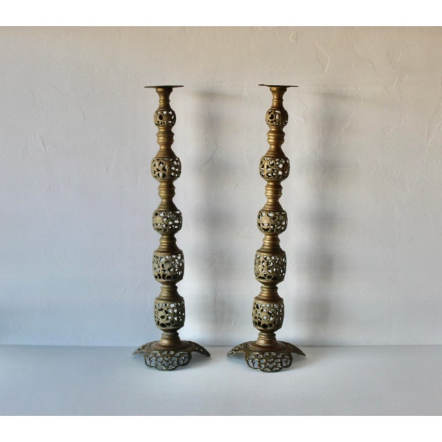 Asian Vintage Altar Size Pierced Brass Floor Candlestick Holders Ornate Reticulated Design Mid Century For Sale - Image 3 of 15