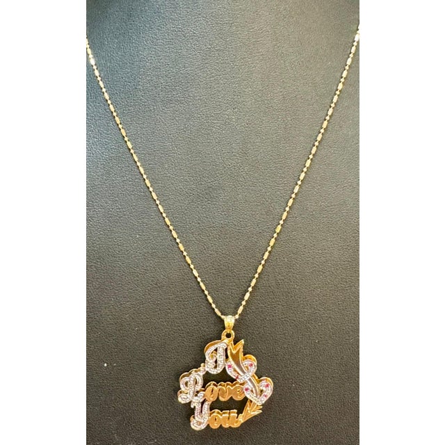 Metal Vintage I Love You Pendant with Ruby in 14 K Yellow Gold Chain, 16" Long, 5.8gm For Sale - Image 7 of 18