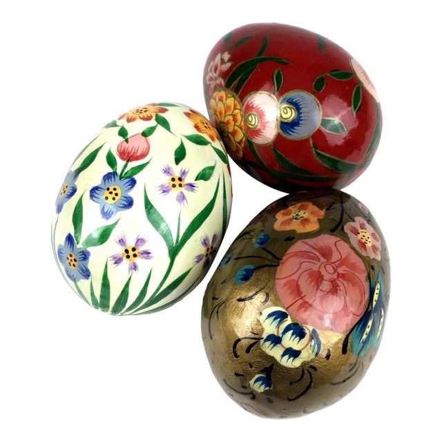 1990s Three Hand Painted Wood Eggs For Sale