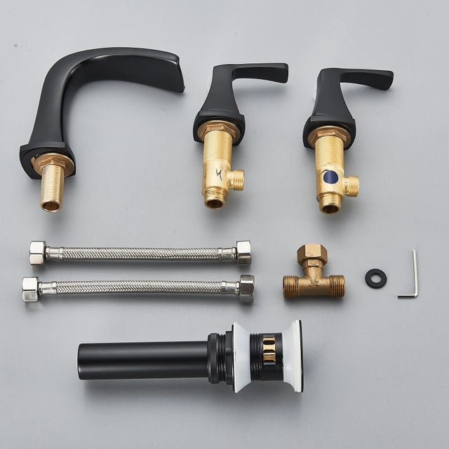 3 Hole Widespread Bathroom Sink Faucet Black 2-Handle Vanity Basin Mixer W/Drain For Sale - Image 6 of 11