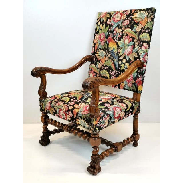Antique Louis XIII and Renaissance Walnut Armchairs with Parrot Upholstery, 1890s, Set of 2 For Sale - Image 11 of 18