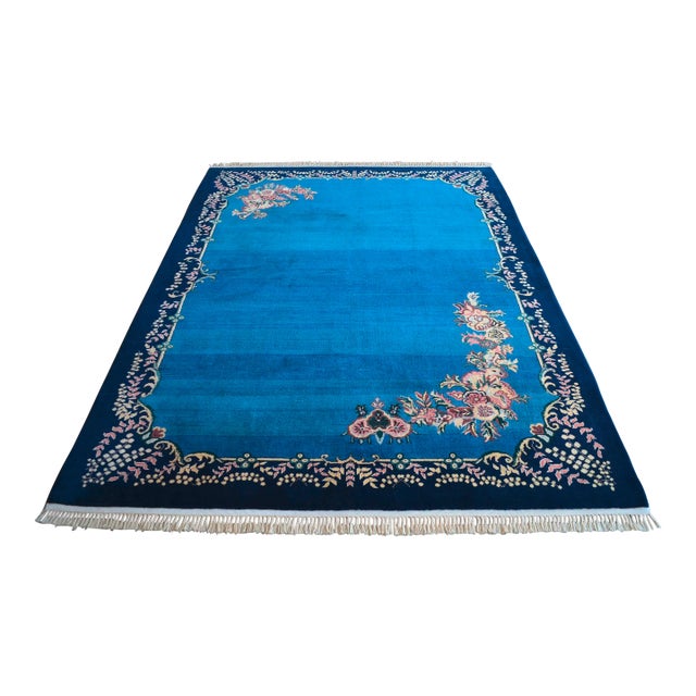 1980s Handmade Rug Blue Turkish Rug - 6'6" X 9'1" For Sale