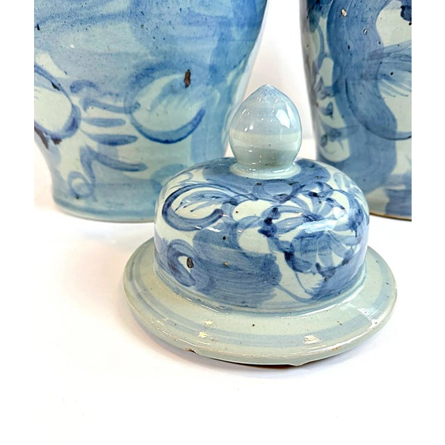 2020s Large Chinoiserie Blue and Bone White Abstract Temple Jars - a Pair For Sale - Image 5 of 5